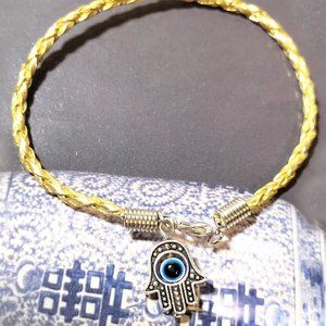 Kabbalah HAMSA HAND "Evil Eye" Lucky Charm Gold Faux Leather Braided Bracelet
